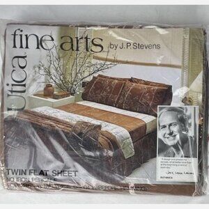 NEW Vtg Utica Stevens Fine Arts Twin Flat Fitted Jack Lenor Larsen Brown Leaves